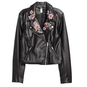 ROSE EMBROIDERED VEGAN LEATHER MOTO JACKET